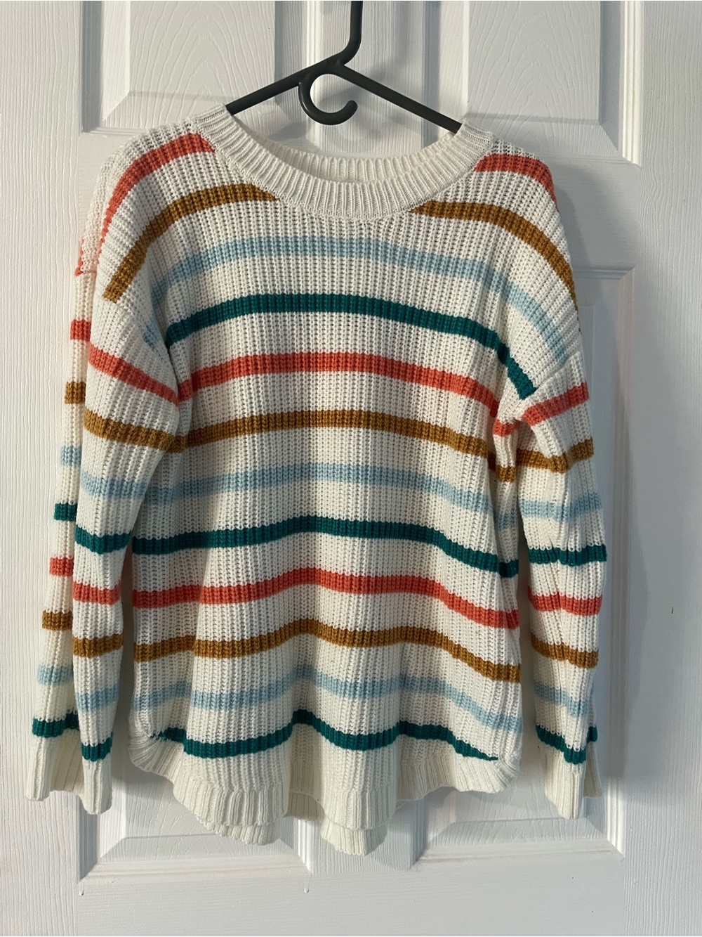 SO White Crewneck Sweater with Teal, Rust, Mustard & Light Blue Stripes